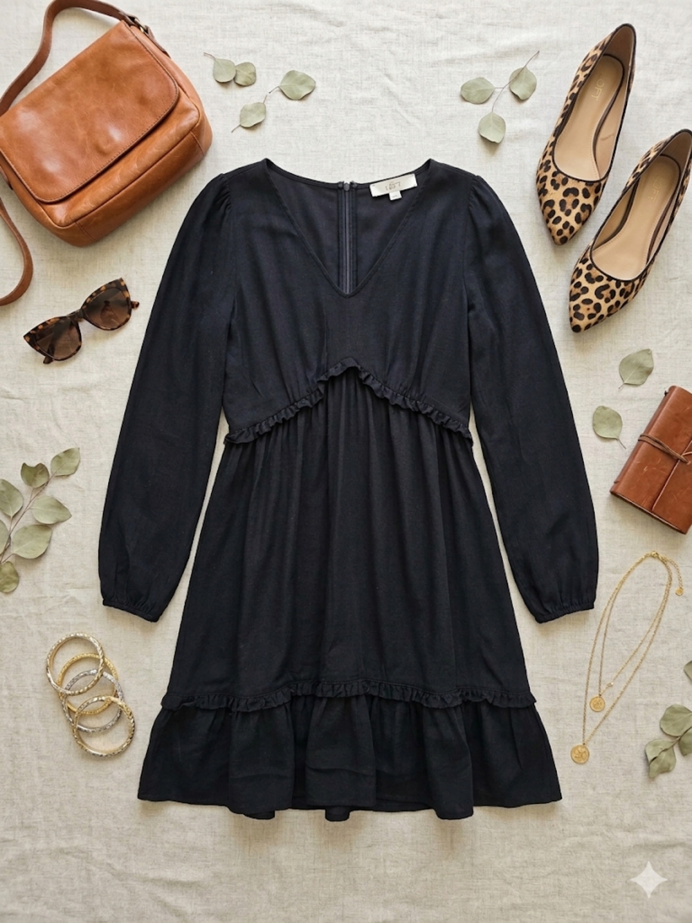 EUC Loft Black Empire Waist V-Neck Tiered Dress, Size 4